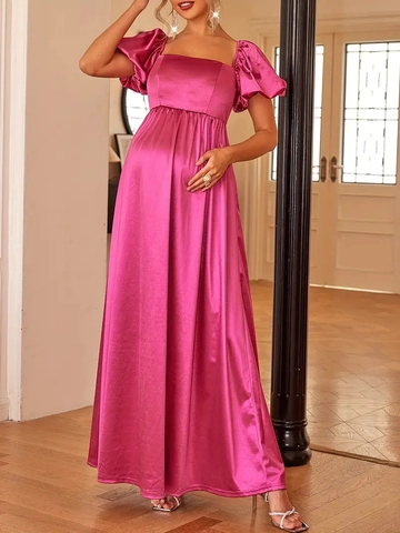 Women Satin Maternity Maxi Dress Square Neck Puff Lantern Sleeve High Waist Sexy Backless Solid Elegant Party Evening Gown