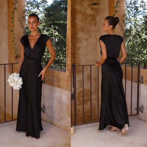 Vestido Largo de Sirena de Satén con Cuello en V para Mujer Sexy Color Sólido Manga Corta Vestido de Noche para Boda