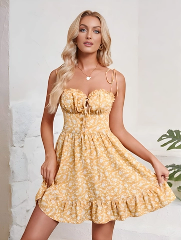 Sexy Blumenmuster Spaghettiträger Minikleid Gerafft Kordelzug A-Linie Rüschen Sommer Chiffon Bustier Kleid Für Damen Party