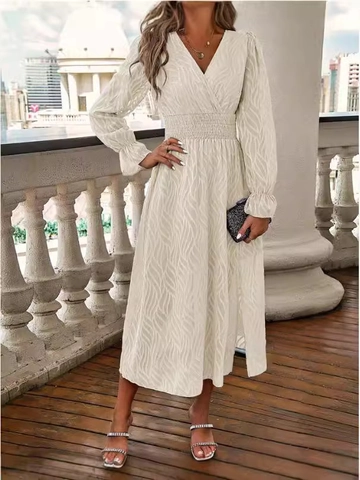 Elegante Abito Midi da Donna con Scollo a V e Maniche Lunghe Texture Jacquard a Onde Vita Elastica Linea a A Casual Party