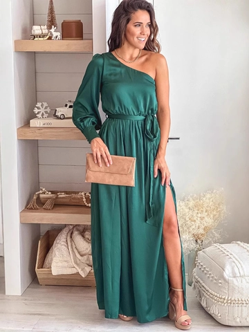 Elegante Vestido Largo de Satén a un Hombro para Mujer Color Sólido Manga Larga Abertura Alta con Cinturón Vestido de Fiesta