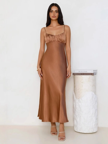 Sexy Rückenfreies Bronze Satin Meerjungfrau Maxi Kleid Für Damen Elegantes Plissiertes Spaghetti Träger Abendparty Formelles Langes Kleid