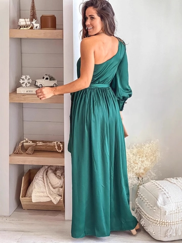 Elegante Vestido Largo de Satén a un Hombro para Mujer Color Sólido Manga Larga Abertura Alta con Cinturón Vestido de Fiesta