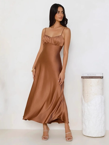 Sexy Rückenfreies Bronze Satin Meerjungfrau Maxi Kleid Für Damen Elegantes Plissiertes Spaghetti Träger Abendparty Formelles Langes Kleid