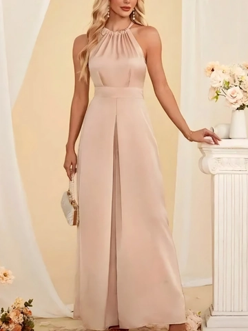 Damen Satin Neckholder Jumpsuit Elegant Gefaltet Hohe Taille Weites Bein Romper Party Abend Formelles Einteiler Ärmellos