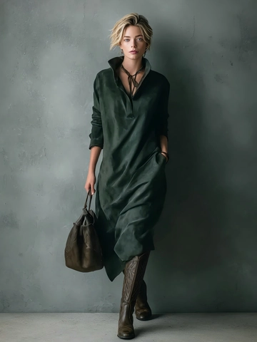 Vestito Midi da Donna in Finta Scamosciata Verde Smeraldo Manica Lunga Vestibilità Comoda Casual con Tasche Autunno Inverno