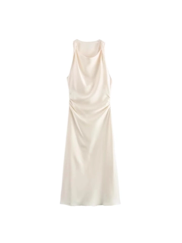 Vestito Midi Elegante in Raso da Donna Scollo a Cappuccio Senza Maniche Vita Arricciata Tinta Unita Slim Fit per Festa Serale Gala