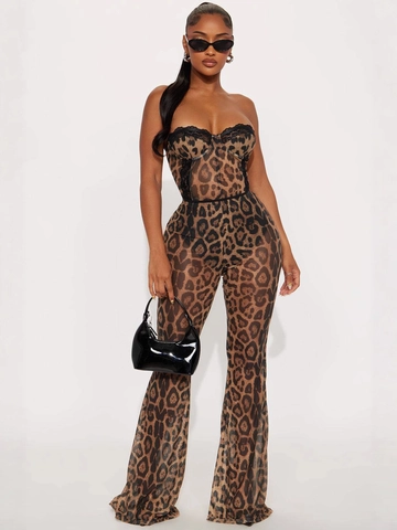 Damen Sexy Leopardenmuster Trägerlos Tube Top Und Schlaghose Set Y2K Streetwear Spitzenbesatz Bodycon Clubwear Outfit