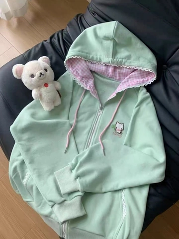 Dames Japanse Stijl Schattige Hoodie Met Rits Cartoon Kat Borduurwerk Kant Losse Casual Lange Mouw Hoodie Jas