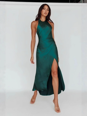 Damen Halter Ausschnitt Satin Midi Kleid Elegant Hoher Schlitz Rückenfrei Bodycon Einfarbig Abend Party Hochzeit Gast Kleid