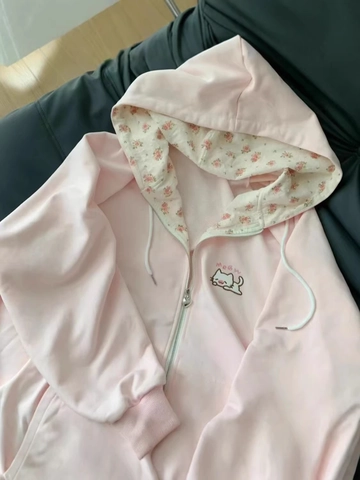 Dames Japanse Stijl Schattige Hoodie Met Rits Cartoon Kat Borduurwerk Kant Losse Casual Lange Mouw Hoodie Jas