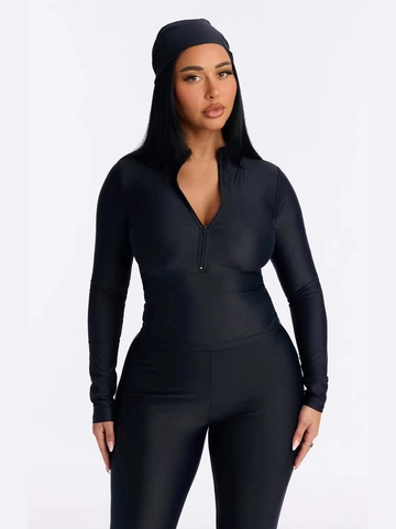 Dames Sportieve Melkzijde Outfit Lange Mouw Halve Rits Opstaande Kraag Top Capri Leggings En Hoofdband Streetwear Fitness