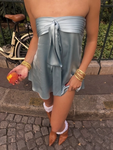 French Vintage Light Blue Satin Strapless Dress Large Bow Decor Elegant Short Mini Dress Sleeveless Solid Color Women