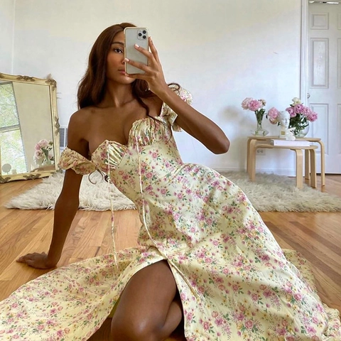 Women's French Retro Floral Maxi Dress Puff Sleeve Square Neck Side Split Summer Beach Vacation Polyester Long Dress