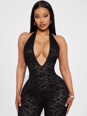 Sexy Vrouwen Kant Jumpsuit Halter Diepe V-Hals Rugloos Slim Fit Bloemen Capri Broek Zomer Mode Romper Zwart Geel