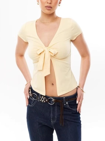 Mode Effen Kleur V-hals Strikdetail Crop Top Polyester Korte Mouw Kort Vest Zomer Dames Casual Slim Fit Top
