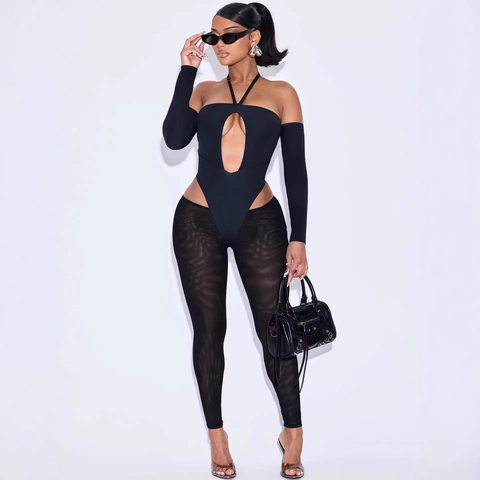Body Donna Sexy Nero Con Scollo All Americana E Ritaglio Con Maniche Lunghe Staccabili E Leggings In Rete Trasparente Clubwear