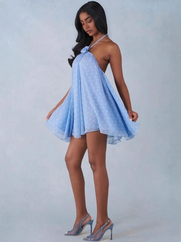 Damen Halter Rückenfrei Polka Dot Mini Kleid Sexy Mesh Chiffon Locker Sommerkleid Mit Blumen Dekor Urlaub Outfit