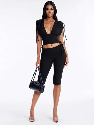 Dames Sexy Diepe V-hals Gerimpeld Trekkoord Mouwloos Crop Top En Skinny Driekwart Broek Effen Kleur Zomer Outfits Zwart