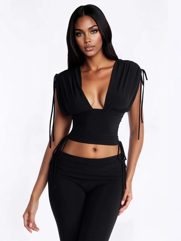 Dames Sexy Diepe V-hals Gerimpeld Trekkoord Mouwloos Crop Top En Skinny Driekwart Broek Effen Kleur Zomer Outfits Zwart