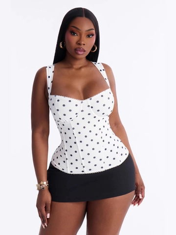 Women Vintage Polka Dot Corset Top Fishbone Boning Slim Fit Camisole Tank Top Lace Trim Sexy Bustier For Summer Daily
