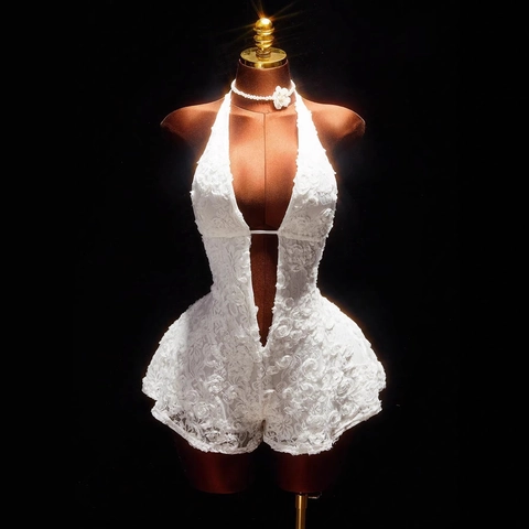 Pagliaccetto Sexy da Donna con Scollo Halter in Pizzo 3D Floreale Scollo a V Profondo Schiena Scoperta Tuta Slim Moda Estiva