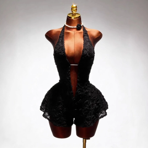 Pagliaccetto Sexy da Donna con Scollo Halter in Pizzo 3D Floreale Scollo a V Profondo Schiena Scoperta Tuta Slim Moda Estiva