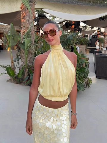 Damen Sexy Neckholder Rückenfrei Gebunden Tank Top Satin Plissee Hochkragen Ärmellos Sommer Urlaub Party Mode Weste Top