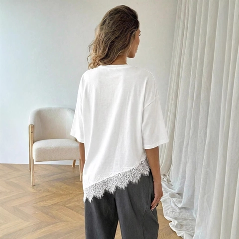 Damen Mode Rundhals Kurzarm T-Shirt Mit Asymmetrischem Wimpernspitze Patchwork Saum Locker Casual Sommer Tunika Top