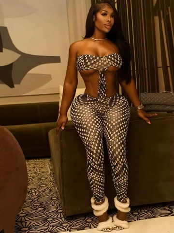 Damen Sexy Geometrische Schachbrettmuster Hohl Schlauch Top Und Eng Hohe Taille Hosen Jumpsuit Outfits Street Style