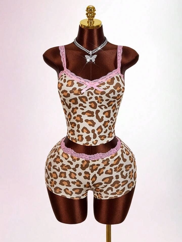 Women Sexy Leopard Print Polka Dot Lace Patchwork Bow Camisole Top And Shorts Two Piece Set Summer Casual Loungewear