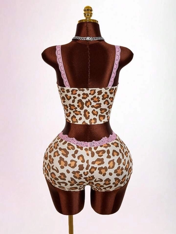 Women Sexy Leopard Print Polka Dot Lace Patchwork Bow Camisole Top And Shorts Two Piece Set Summer Casual Loungewear