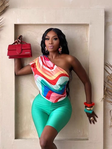Women Sexy One-Shoulder Top And High Waisted Biker Shorts Abstract Wave Print Sleeveless Polyester Summer Casual Streetwear Outfit