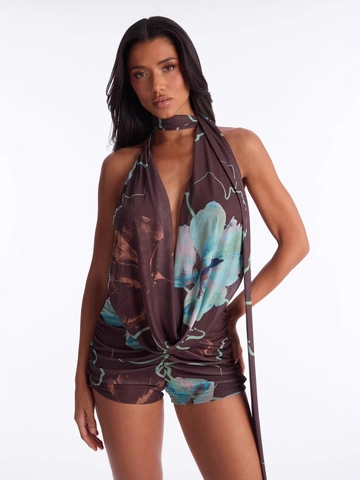 Damen Sexy Tiefer V Ausschnitt Halter Blumen Einteiler Mit Passendem Schal Gerafft Rückenfrei Ärmellos Sommer Overall