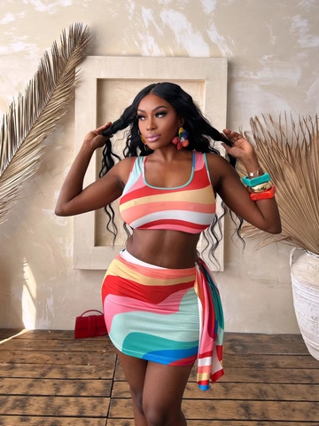 Damen Sommer Sexy Mehrfarbig Wellenmuster Ärmellos Crop Top Und Bodycon Minirock Mit Seitlichem Faltenwurf Urlaubsoutfit
