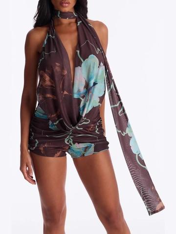 Damen Sexy Tiefer V Ausschnitt Halter Blumen Einteiler Mit Passendem Schal Gerafft Rückenfrei Ärmellos Sommer Overall