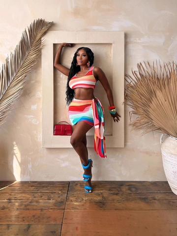 Damen Sommer Sexy Mehrfarbig Wellenmuster Ärmellos Crop Top Und Bodycon Minirock Mit Seitlichem Faltenwurf Urlaubsoutfit