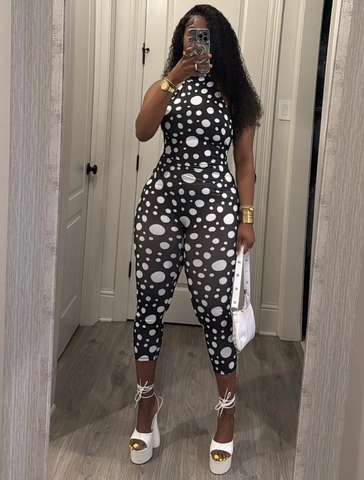 Damen Halfterhals Punktmuster Jumpsuit Rückenfrei Ärmellos Skinny Strampler Geraffter Po-Lift Bedruckt Clubwear Party Jumpsuits