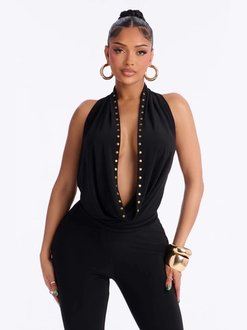 Women Sexy Halter Neck Deep V Backless Rivet Sleeveless Jumpsuit Slim Fit Solid Black Mid-Calf Length Summer Streetwear