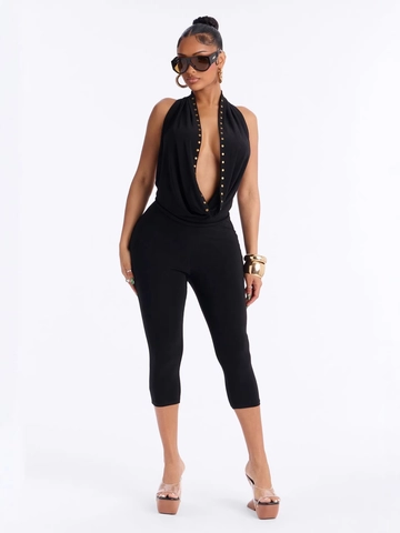 Women Sexy Halter Neck Deep V Backless Rivet Sleeveless Jumpsuit Slim Fit Solid Black Mid-Calf Length Summer Streetwear