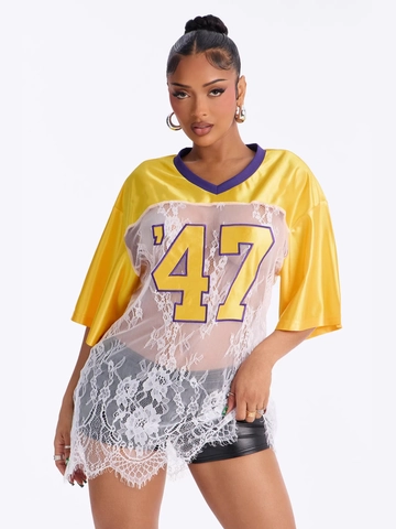 T-Shirt Sexy da Donna in Raso e Pizzo con Scollo a V Stampa di Lettere Manica Corta Oversize Top Giallo Streetwear Estate