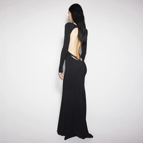 Sexy Backless Long Sleeve Maxi Dress For Women Slim Fit Mock Neck Bodycon Black Dress With Metal Eyelets Buckle Decor