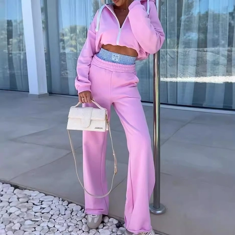 Women Casual Two Piece Tracksuit Set Pink Short Zip Up Hoodie And Wide Leg Pants Autumn Long Sleeve Sports Outfit Set