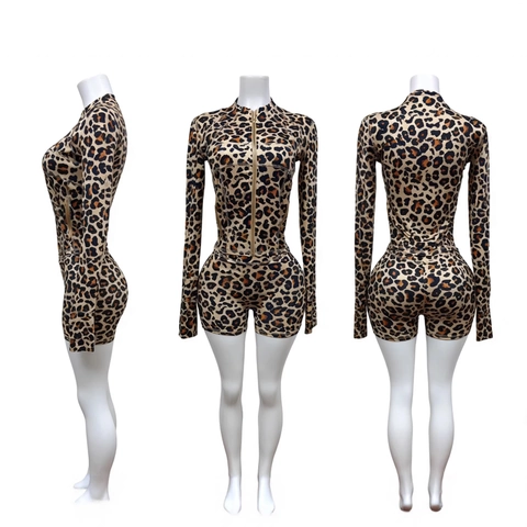 Women's Leopard Print Long Sleeve Zipper Top and Bodycon Shorts Athletic Casual Outfit Suit
