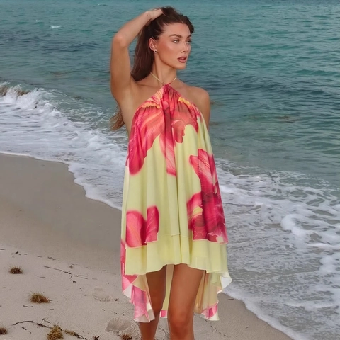 Damen Blumen Halterneck Rückenfrei Minikleid Sexy Unregelmäßiger Saum Polyester Sommer Strand Urlaub Party Kleid