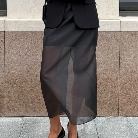 Black High Waisted Mesh Midi Skirt For Women Double Layer See-Through Split Hip Bodycon Elegant Fashion Skirt Bottoms
