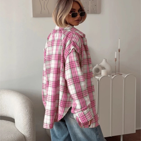 Women's Casual Pink Plaid Long Sleeve Button Down Blouse Shirt Loose Lapel Shacket Top For Spring Autumn
