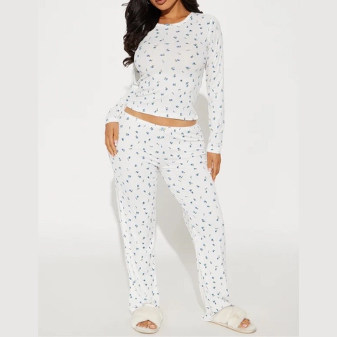 Ropa de Descanso para Mujer Top de Manga Larga y Pantalones con Estampado Floral Dulce Ribete de Encaje Cuello Redondo