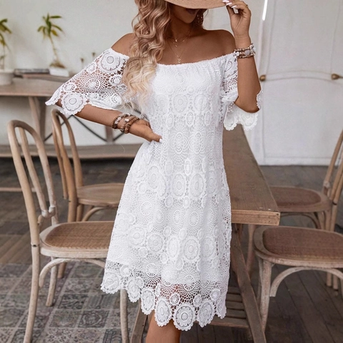 Vestido de Encaje con Hombros Descubiertos para Mujer Blanco Calado Floral Manga Corta Bohemio Mini Vestido Playero Elegante Fiesta