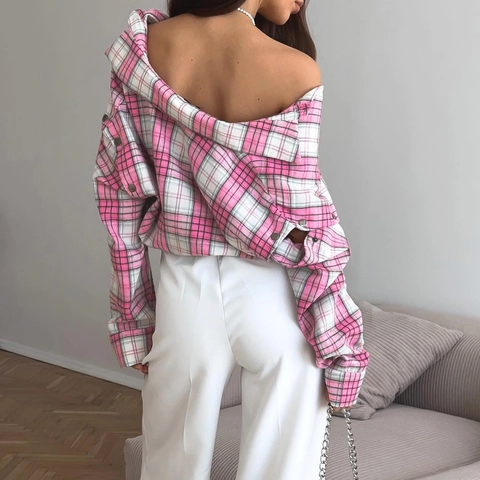 Women's Casual Pink Plaid Long Sleeve Button Down Blouse Shirt Loose Lapel Shacket Top For Spring Autumn